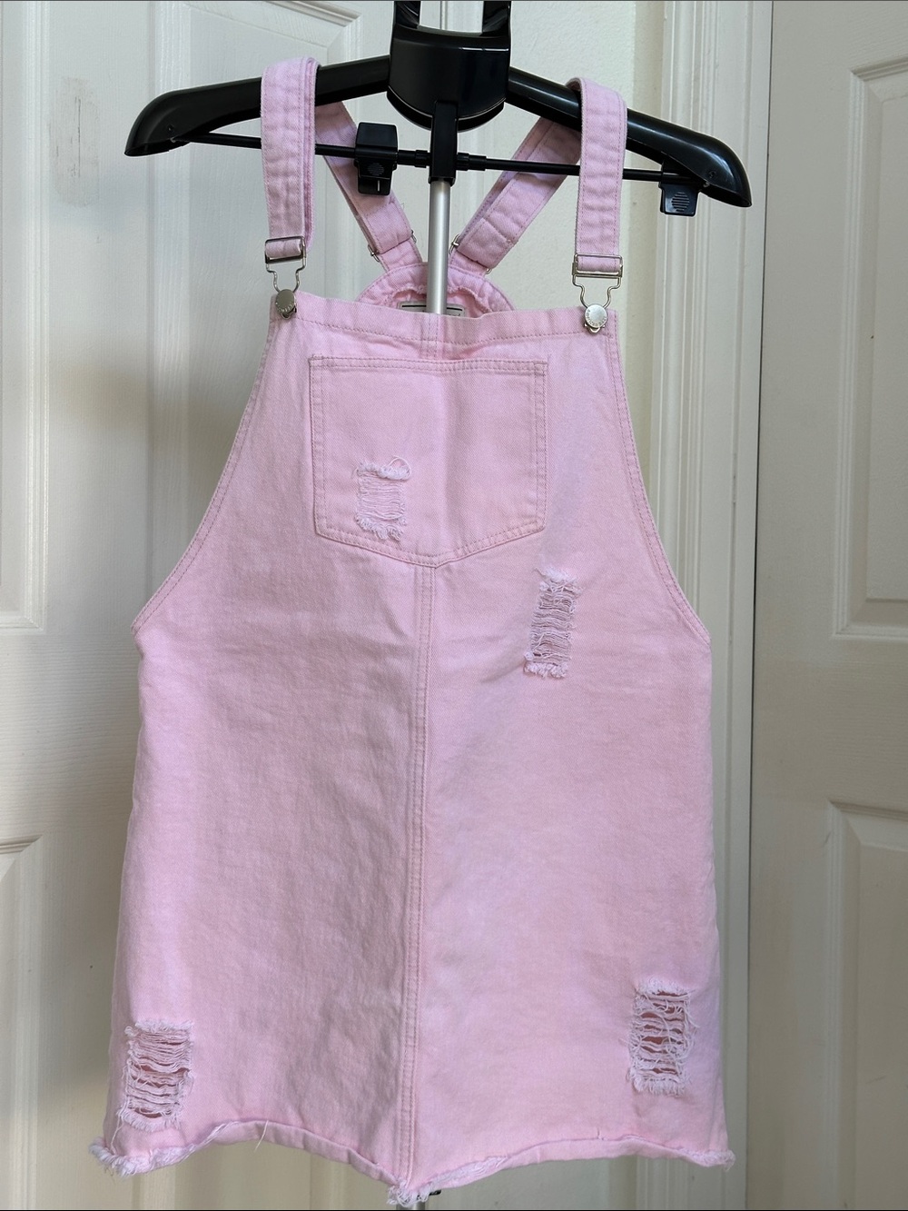 American Bazi Women or Teen Pink Distressed Denim Overall Dress in Size L